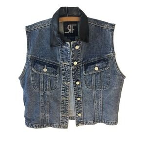 Vtg Y2K Blue Jean Denim‎ Faux Leather Collar Women Vest L Motorcycle Grunge